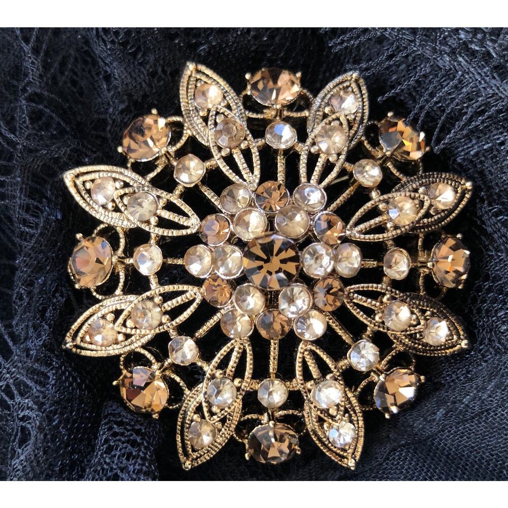 Vintage Liz Claiborne Orange & Brown Floral Burst Gold Tone Brooch